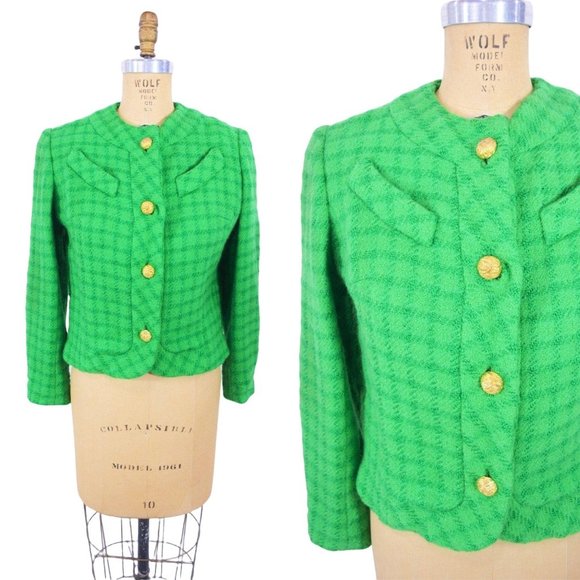 Vintage Jackets & Blazers - Vintage 1960s Suit Jacket Green Pane Plaid Gold Buttons Wool Blend | W 37"